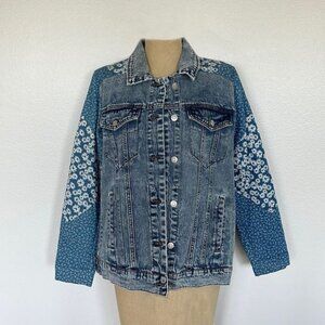 Avec Les Filles Patchwork Denim Jacket Size XL Blue Medium Wash New, Never Worn